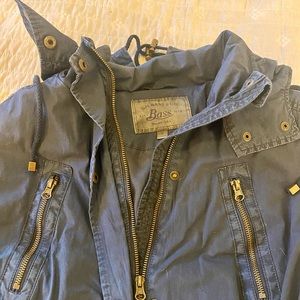 Navy Bass spring jacket with hood.
